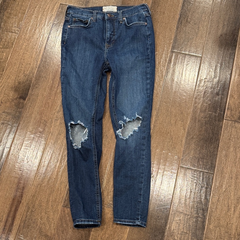 Free People Dark Blue Distressed Skinny Jeans